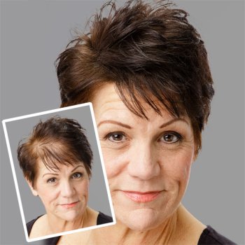 Preview: TOPPIK Sparset 12g inkl. Fixier 100ml Preview: Anwendung Frau vor und nach Toppik Haarverdichtung