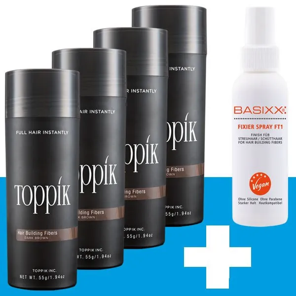 Toppik 4 x 55g Dosen + 1 x BASIXX Fixierspray 100ml Gratis Toppik 4 x 55g Dosen + 1 x BASIXX Fixierspray 100ml Gratis